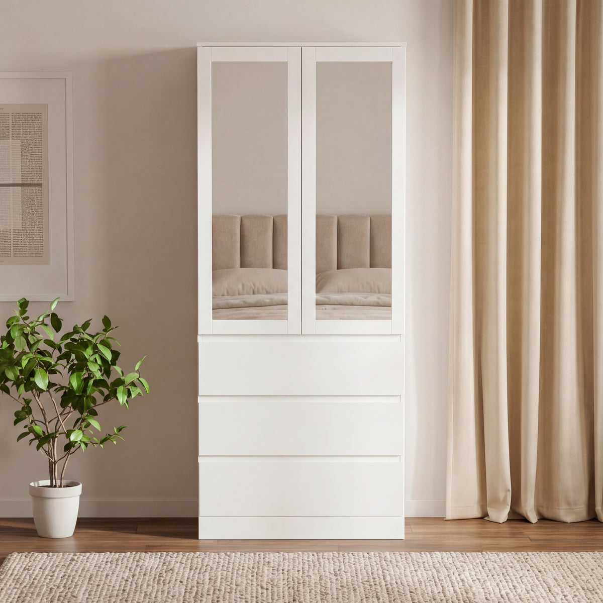 Denver 2 Door 3 Drawer Mirrored Wardrobe, White | Spacious Bedroom Storage
