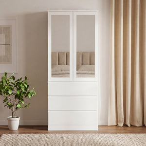 Denver 2 Door 3 Drawer Mirrored Wardrobe, White | Spacious Bedroom Storage
