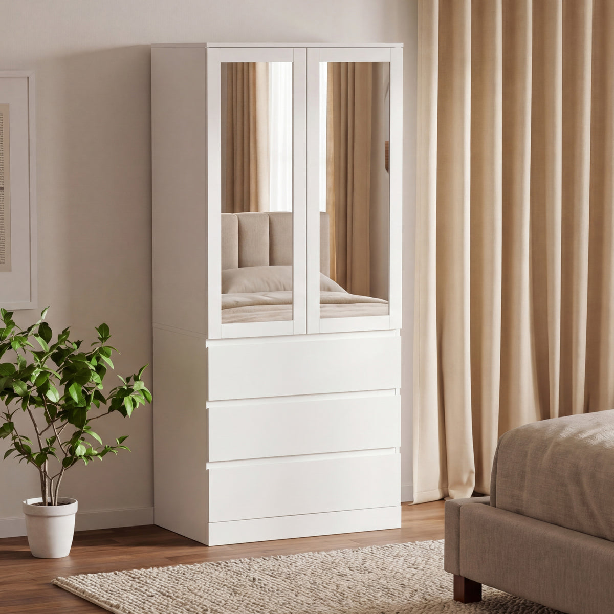 Denver 2 Door 3 Drawer Mirrored Wardrobe, White | Spacious Bedroom Storage
