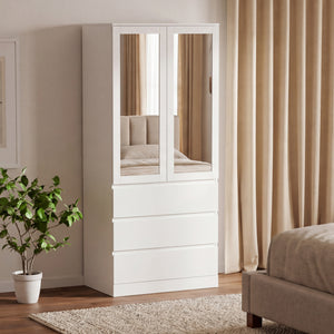 Denver 2 Door 3 Drawer Mirrored Wardrobe, White | Spacious Bedroom Storage
