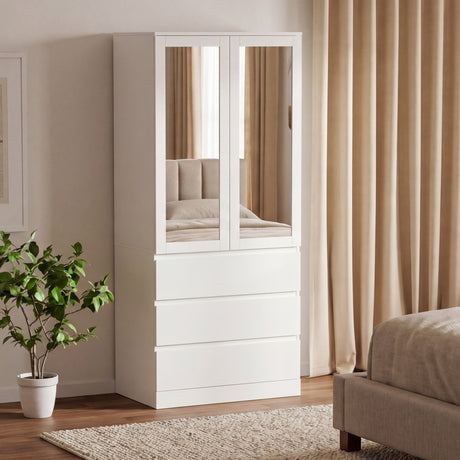 Denver 2 Door 3 Drawer Mirrored Wardrobe, White | Spacious Bedroom Storage

