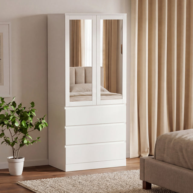 Denver 2 Door 3 Drawer Mirrored Wardrobe, White | Spacious Bedroom Storage
