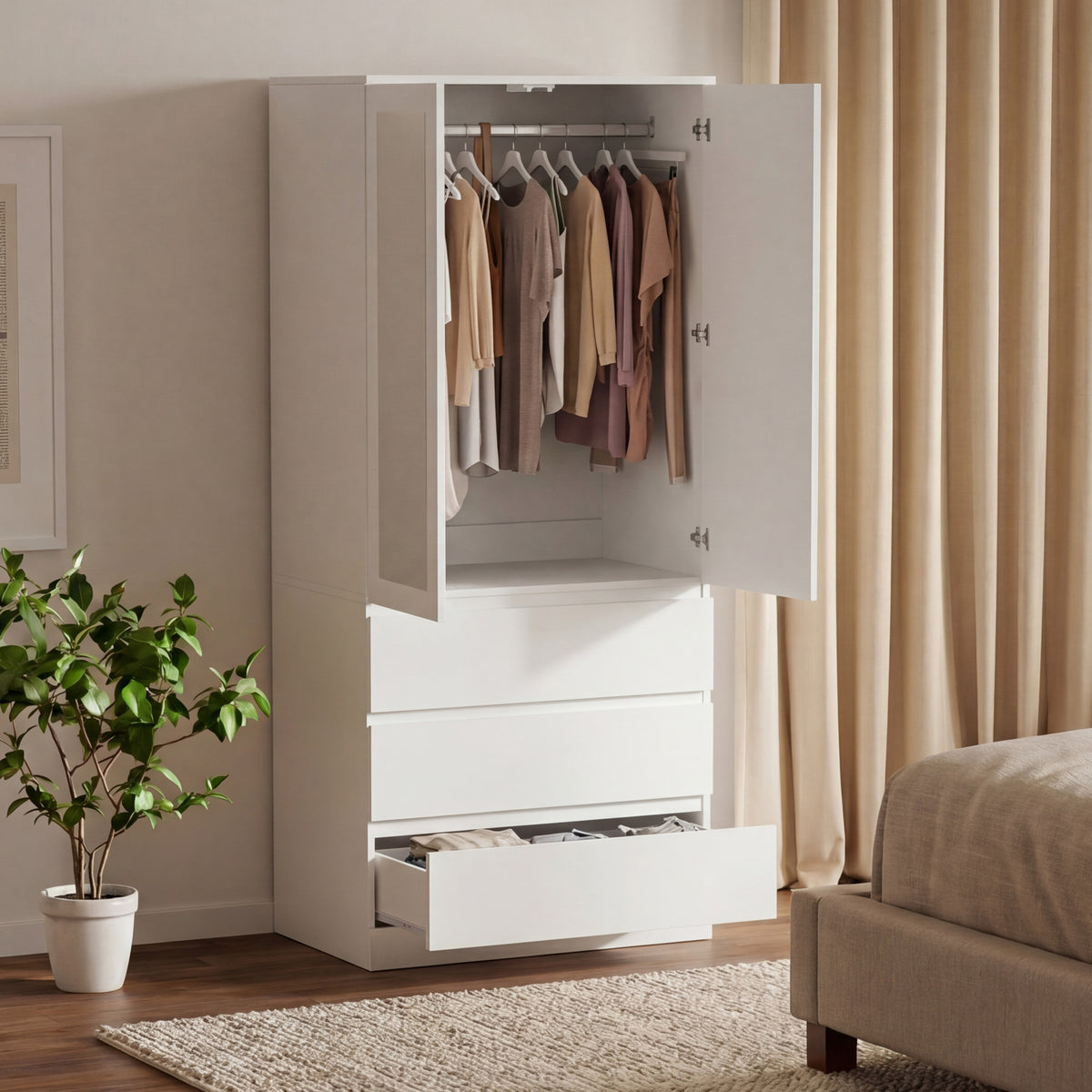 Denver 2 Door 3 Drawer Mirrored Wardrobe, White