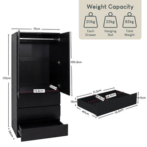 Denver 2 door 3 drawer mirrored wardrobe, Black
