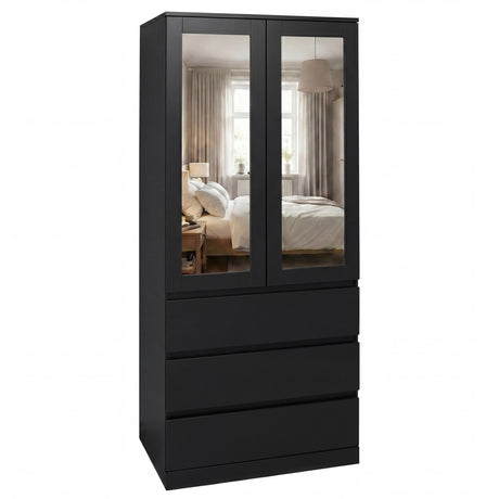Denver 2 door 3 drawer mirrored wardrobe, Black
