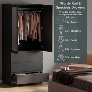 Denver 2 door 3 drawer mirrored wardrobe, Black
