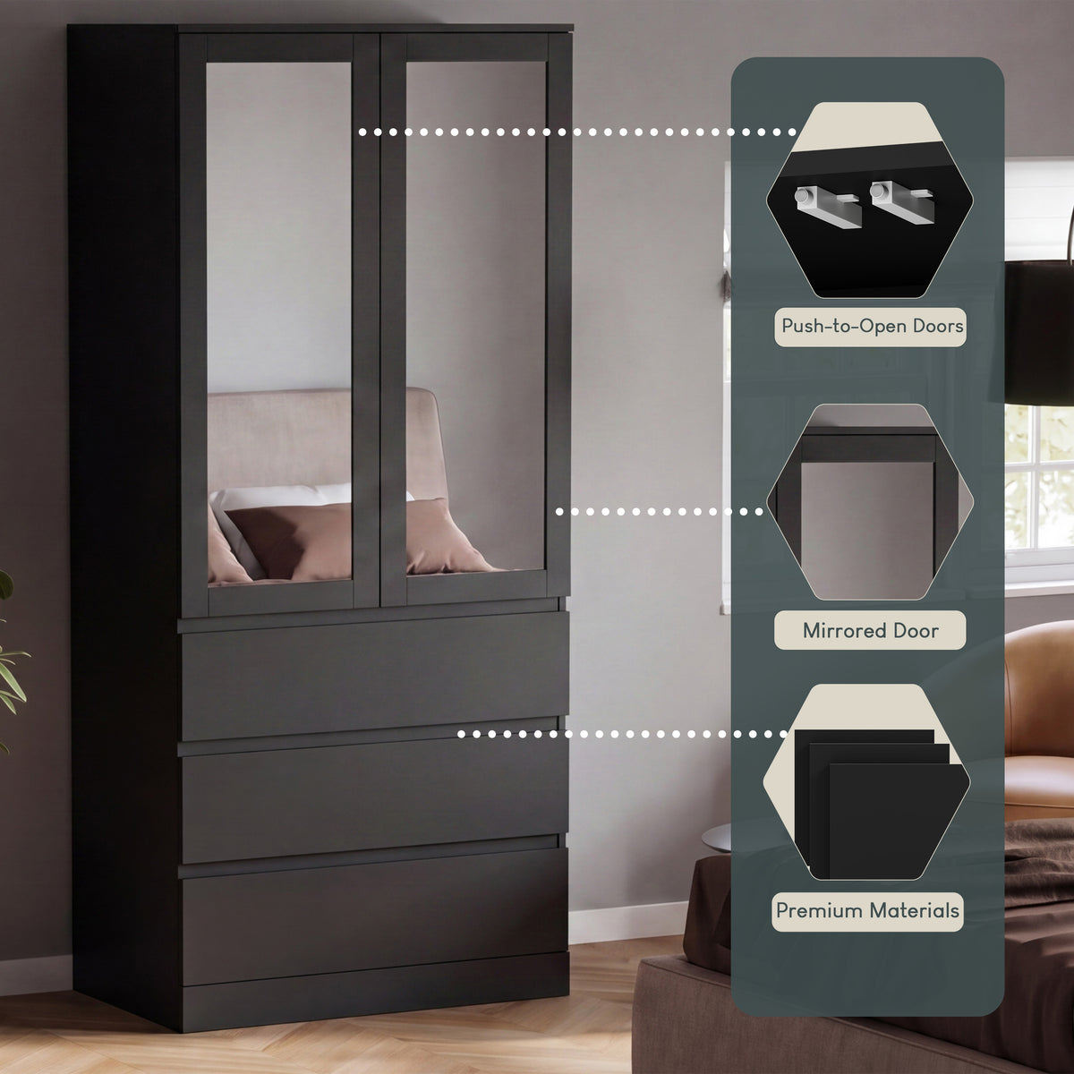 Denver 2 door 3 drawer mirrored wardrobe, Black
