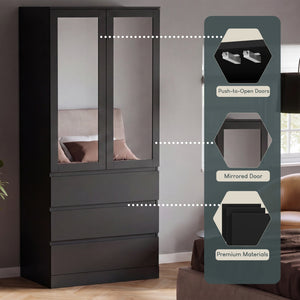 Denver 2 door 3 drawer mirrored wardrobe, Black
