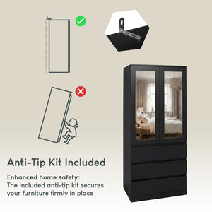 Denver 2 door 3 drawer mirrored wardrobe, Black
