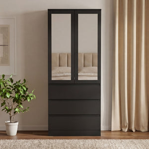 Denver 2 door 3 drawer mirrored wardrobe, Black
