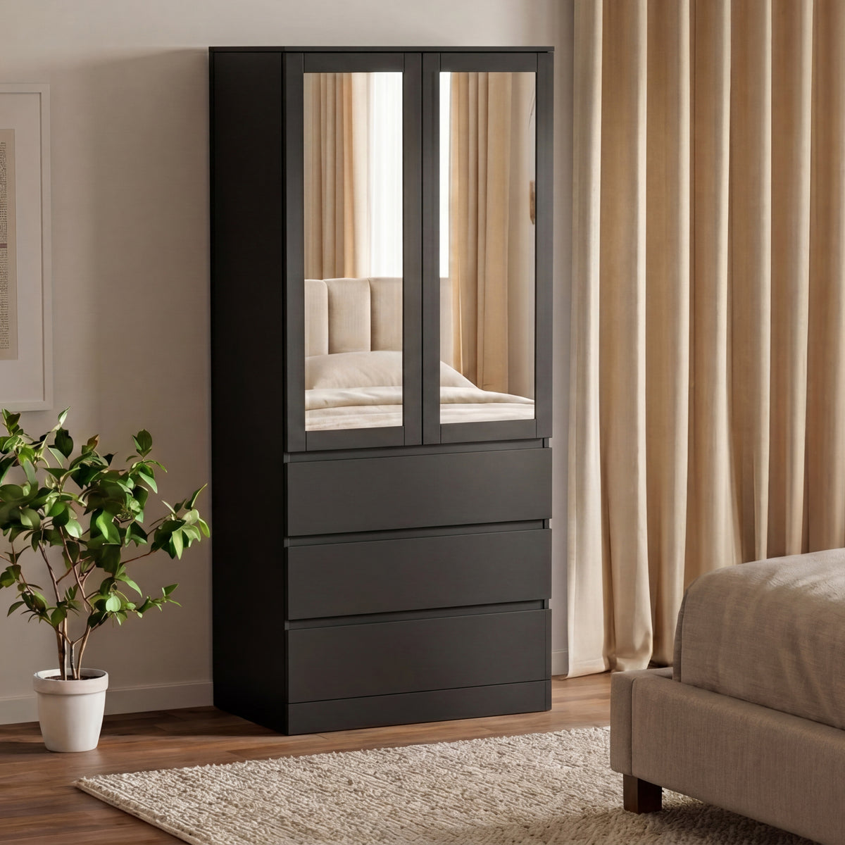 Denver 2 door 3 drawer mirrored wardrobe, Black
