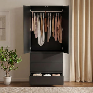 Denver 2 door 3 drawer mirrored wardrobe, Black
