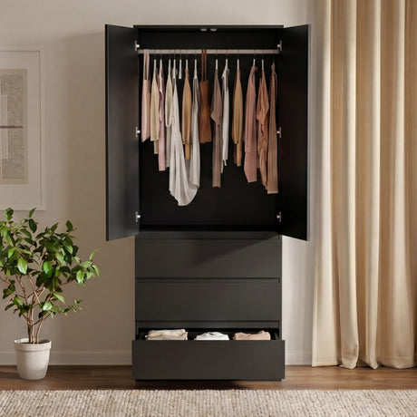 Denver 2 door 3 drawer mirrored wardrobe, Black
