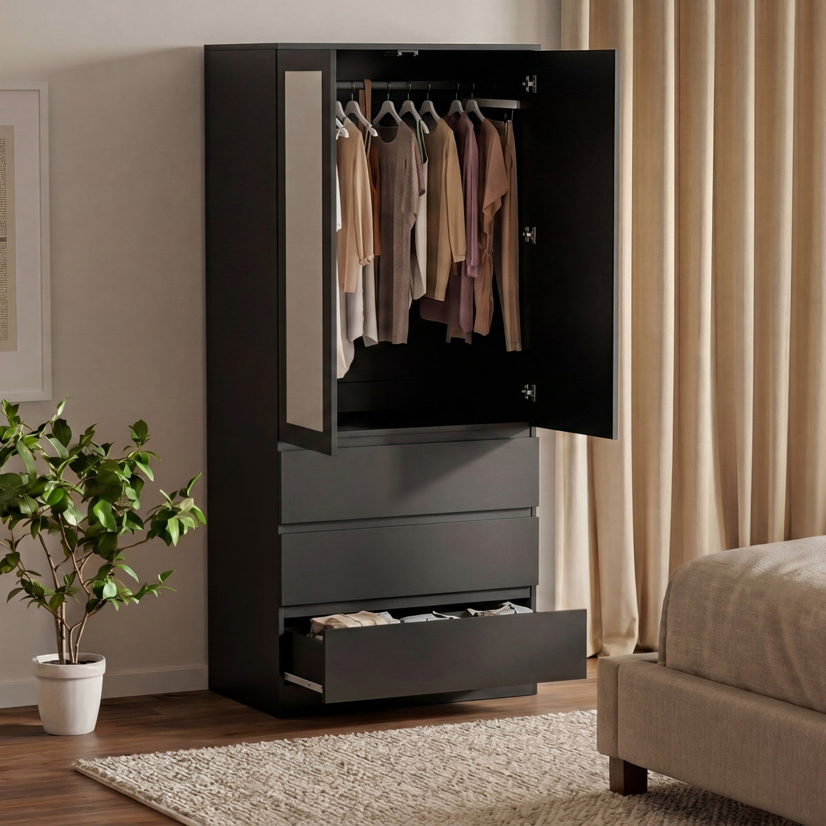 Denver 2 Door 3 Drawer Mirrored Wardrobe, Black