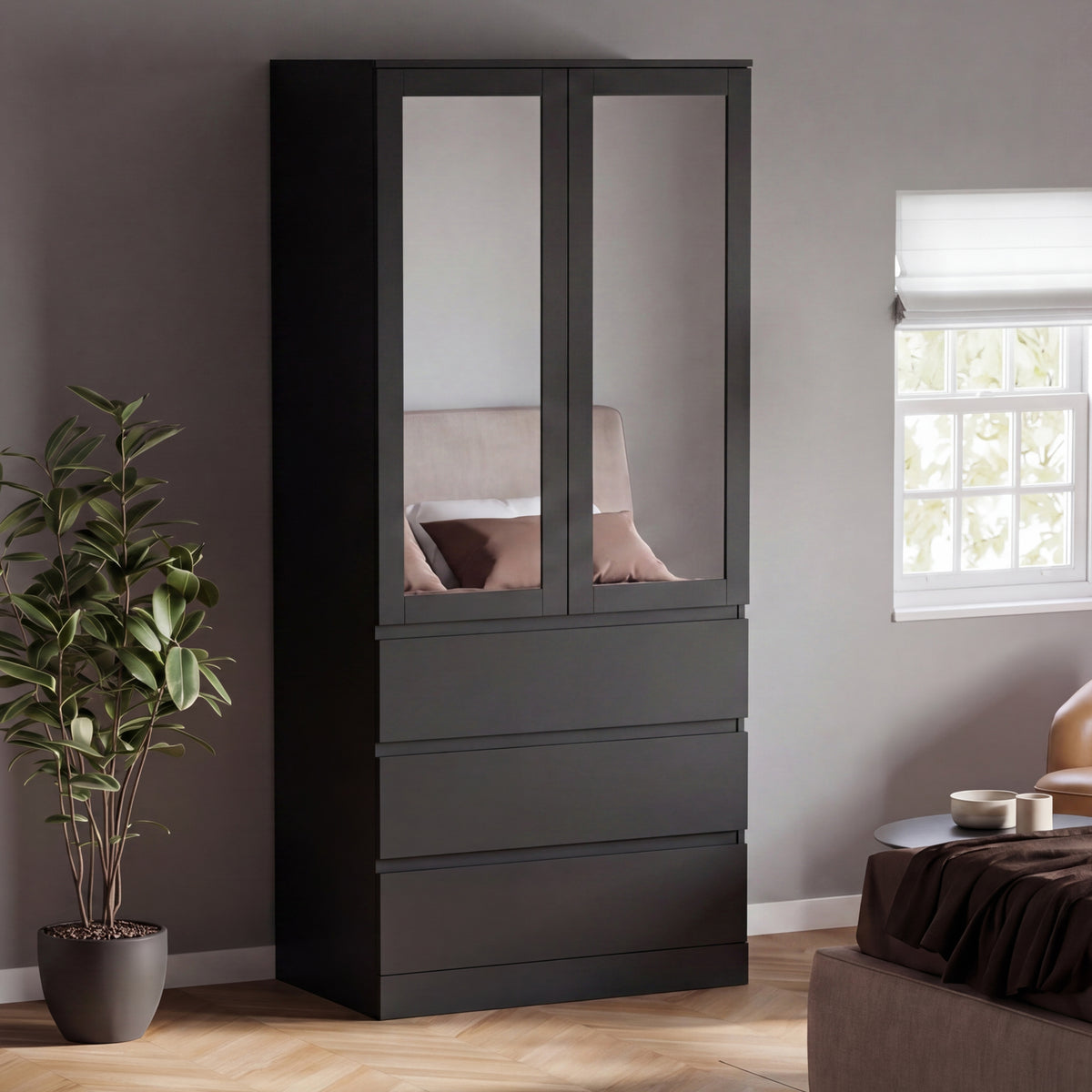 Denver 2 door 3 drawer mirrored wardrobe, Black
