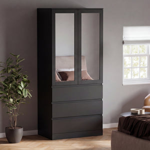 Denver 2 door 3 drawer mirrored wardrobe, Black
