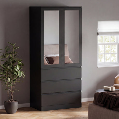 Denver 2 door 3 drawer mirrored wardrobe, Black

