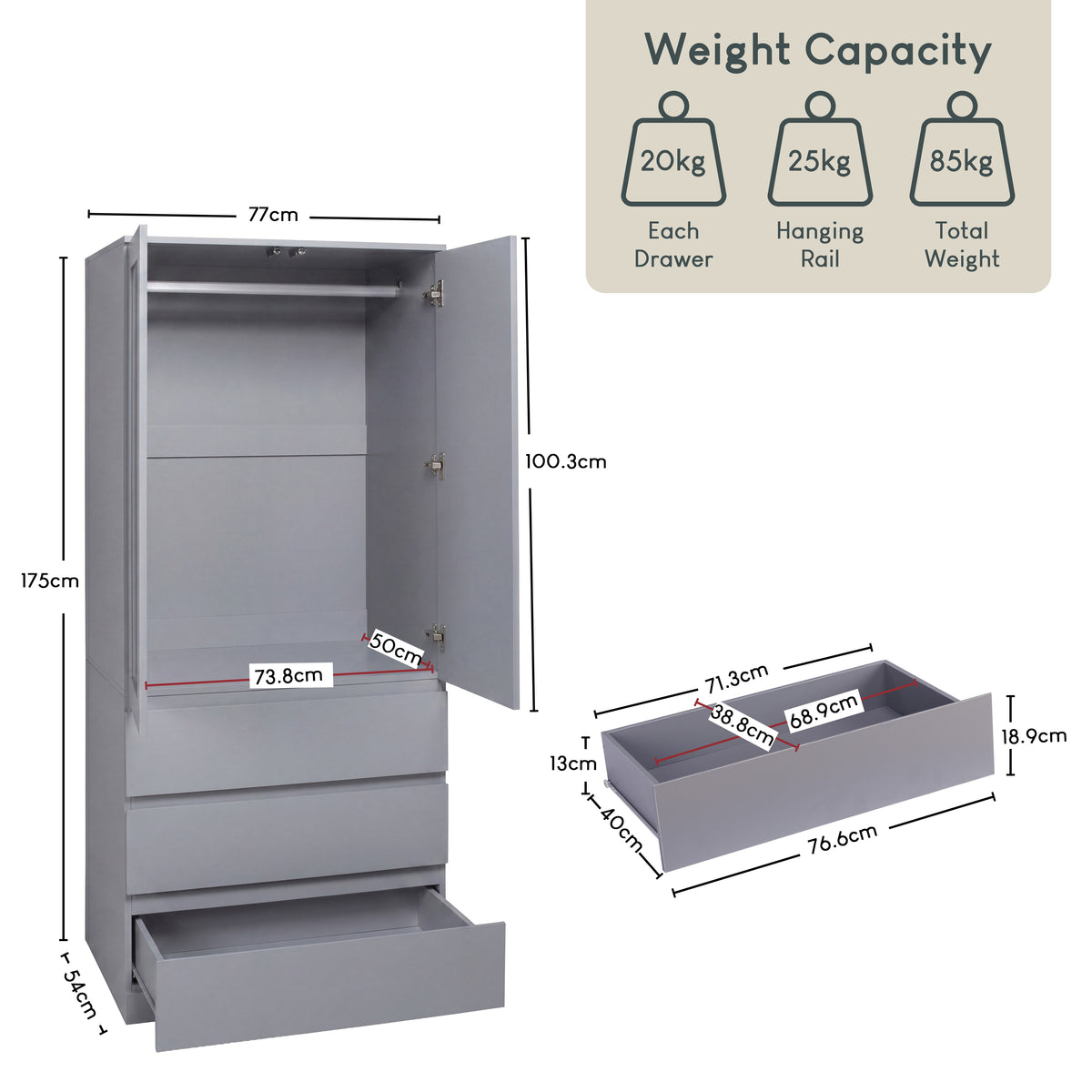 Denver 2 door 3 drawer mirrored wardrobe, Grey
