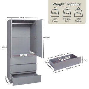 Denver 2 door 3 drawer mirrored wardrobe, Grey
