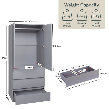 Denver 2 door 3 drawer mirrored wardrobe, Grey
