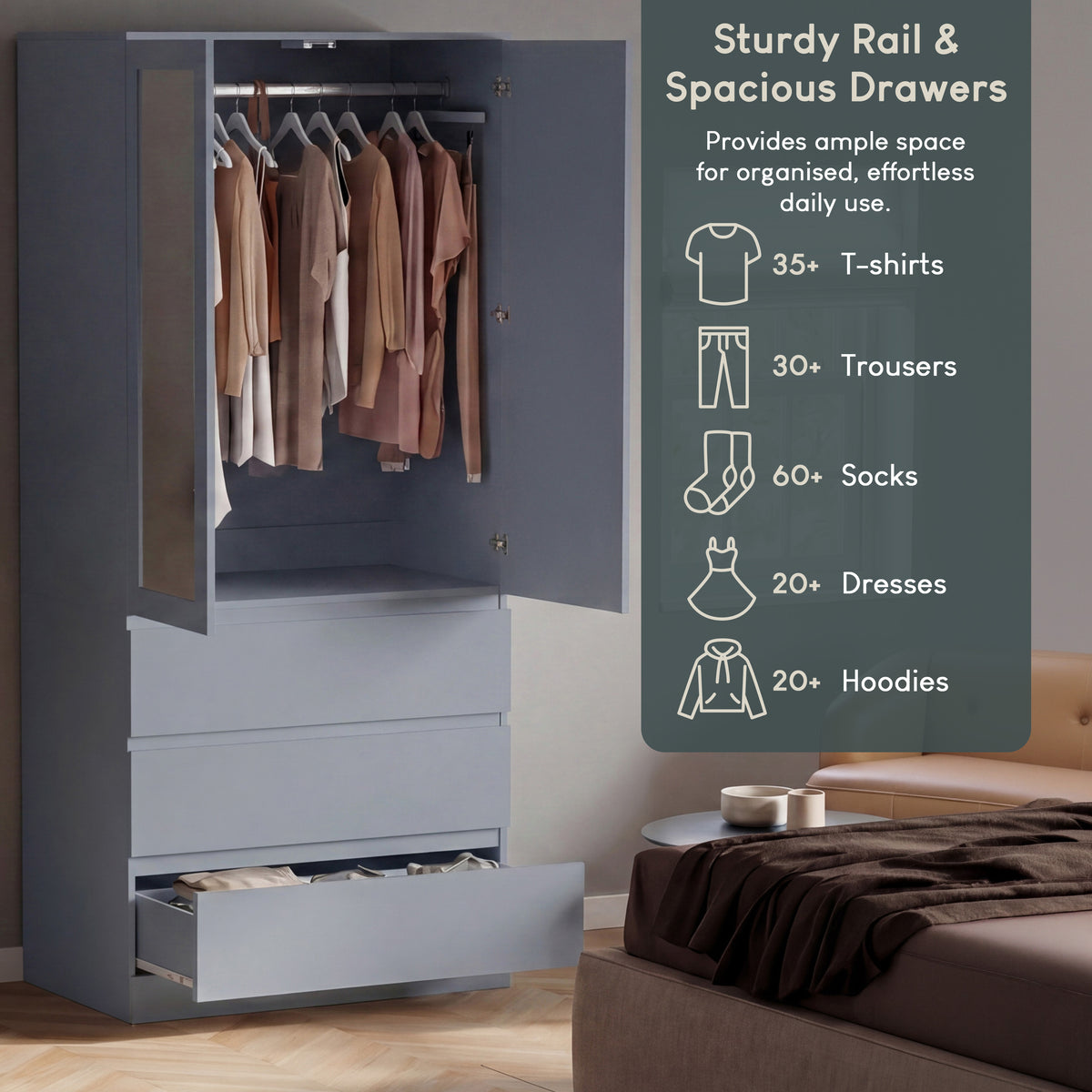 Denver 2 door 3 drawer mirrored wardrobe, Grey

