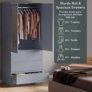 Denver 2 door 3 drawer mirrored wardrobe, Grey
