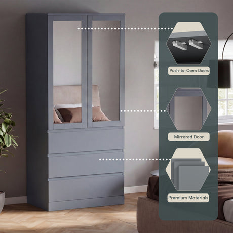 Denver 2 door 3 drawer mirrored wardrobe, Grey
