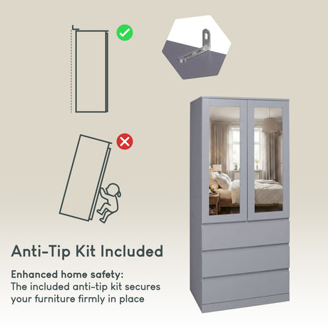Denver 2 door 3 drawer mirrored wardrobe, Grey
