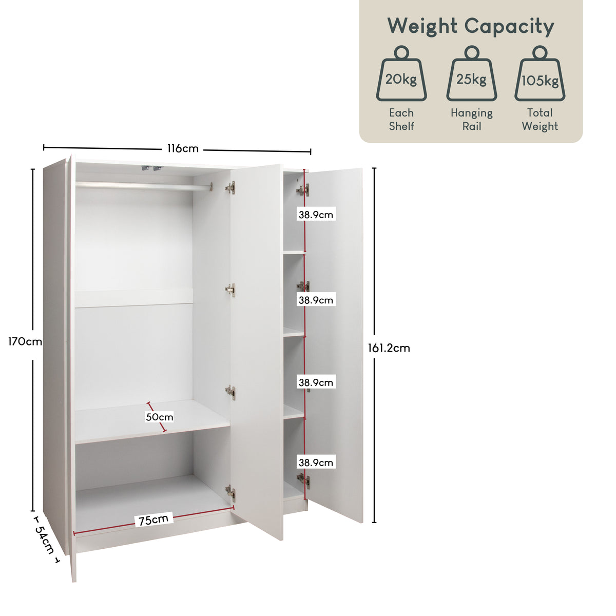 Denver 3 door mirrored wardrobe, White
