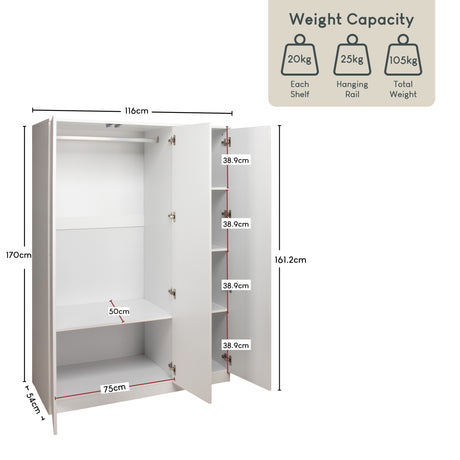 Denver 3 door mirrored wardrobe, White

