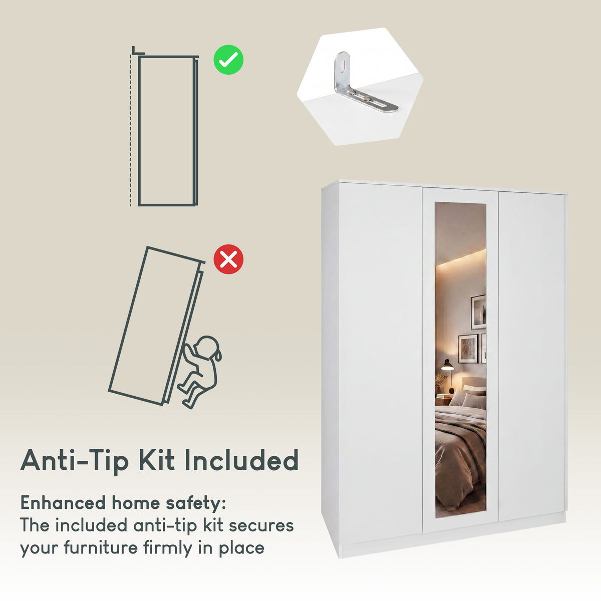 Denver 3 door mirrored wardrobe, White
