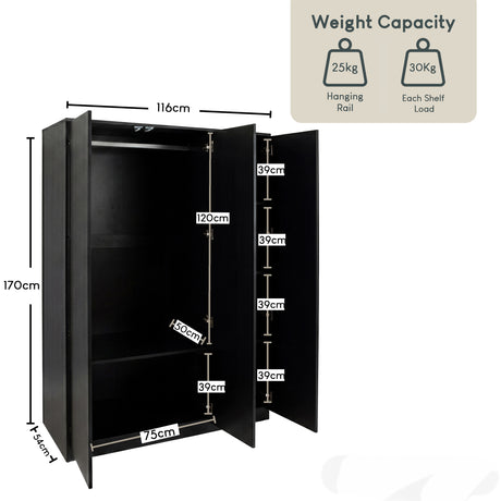 Denver 2 door 3 drawer mirrored wardrobe, Black
