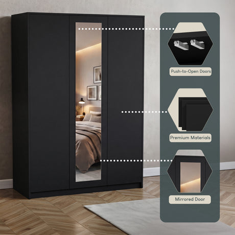 Denver 2 door 3 drawer mirrored wardrobe, Black
