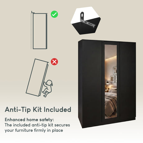 Denver 2 door 3 drawer mirrored wardrobe, Black

