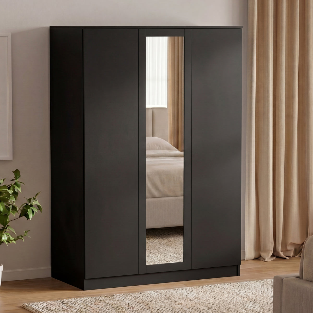 Denver 2 door 3 drawer mirrored wardrobe, Black
