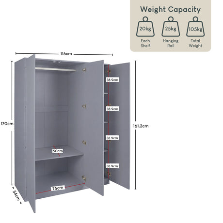 Denver 3 door mirrored wardrobe, Grey
