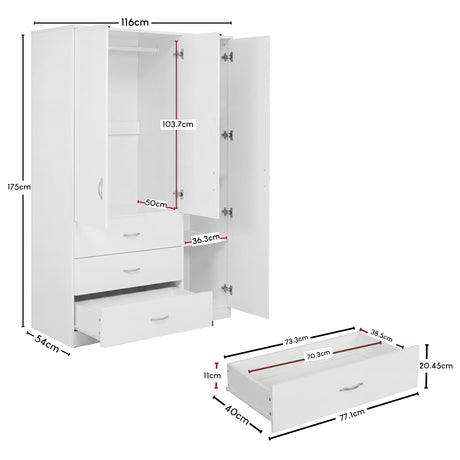 Riano 3 Door 3 Drawer Mirrored Wardrobe- White

