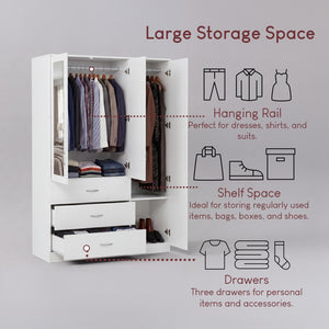 Riano 3 Door 3 Drawer Mirrored Wardrobe- White
