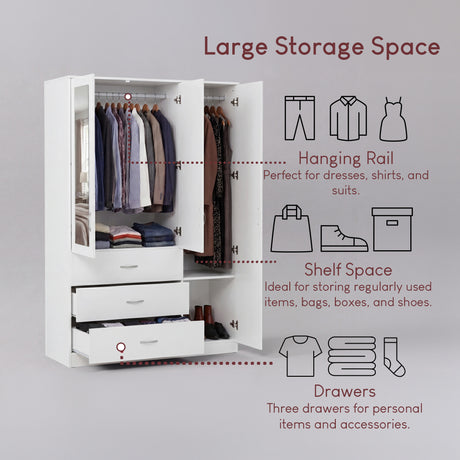 Riano 3 Door 3 Drawer Mirrored Wardrobe- White
