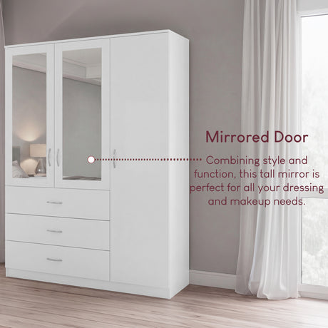 Riano 3 Door 3 Drawer Mirrored Wardrobe- White
