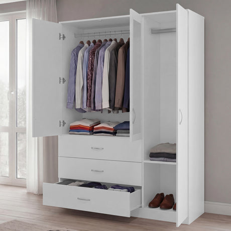 Riano 3 Door 3 Drawer Mirrored Wardrobe- White
