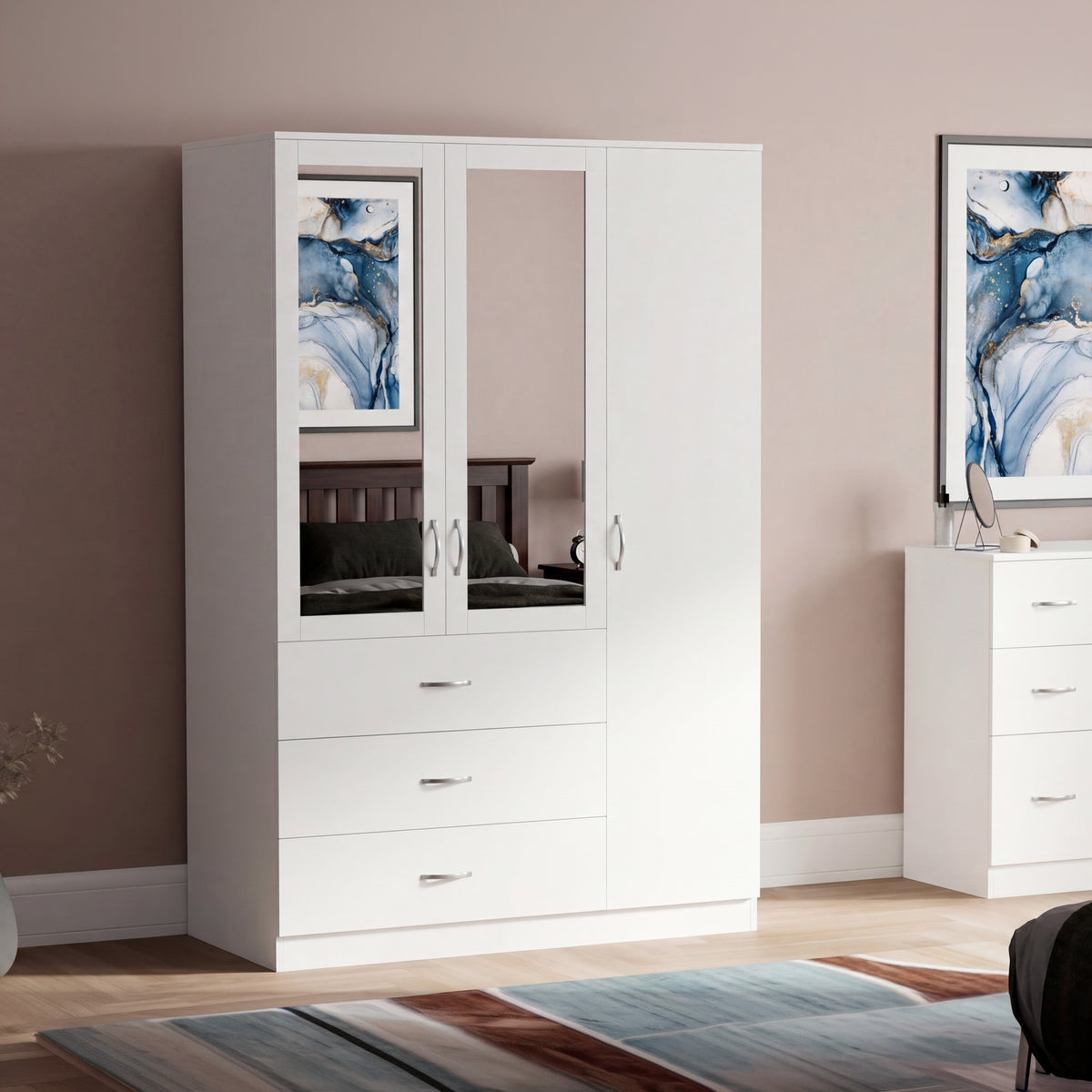 Riano 3 Door 3 Drawer Mirrored Wardrobe- White
