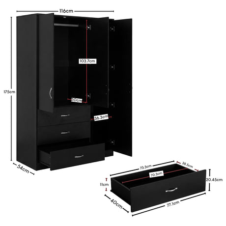 Riano 3 Door 3 Drawer Mirrored Wardrobe- Black

