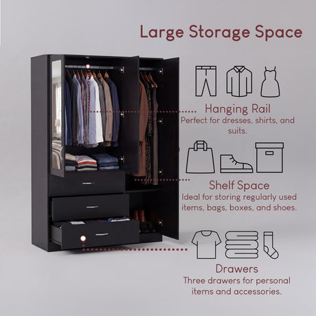 Riano 3 Door 3 Drawer Mirrored Wardrobe- Black
