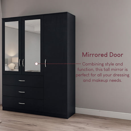 Riano 3 Door 3 Drawer Mirrored Wardrobe- Black
