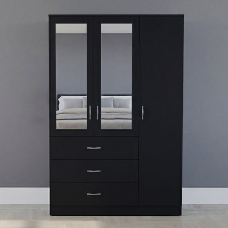 Riano 3 Door 3 Drawer Mirrored Wardrobe- Black
