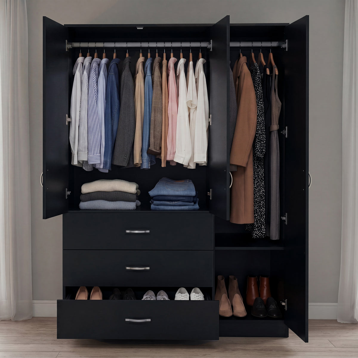 Riano 3 Door 3 Drawer Mirrored Wardrobe, Black