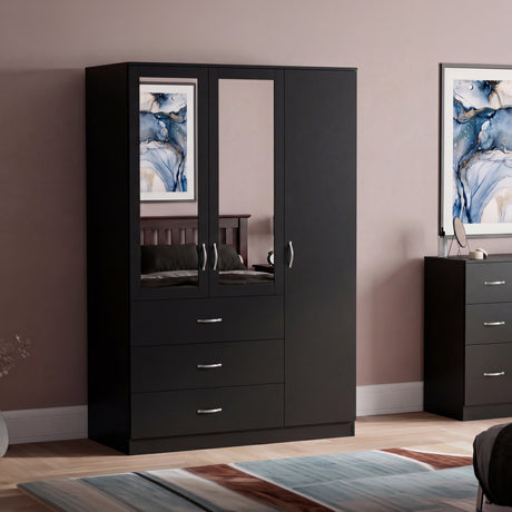 Riano 3 Door 3 Drawer Mirrored Wardrobe- Black

