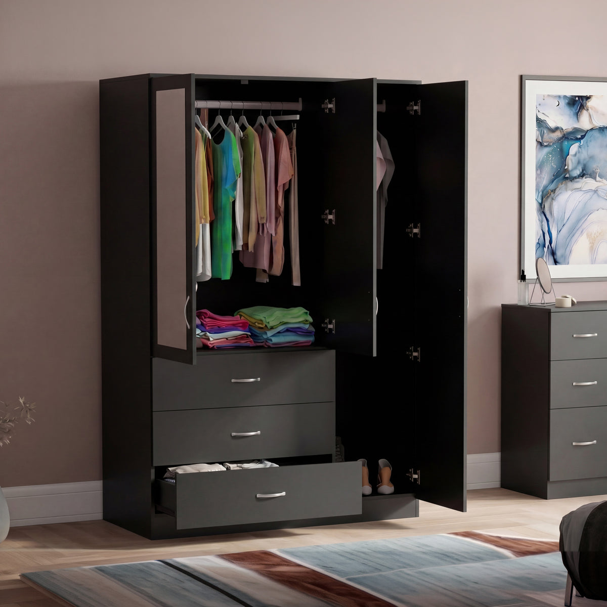 Riano 3 Door 3 Drawer Mirrored Wardrobe, Black