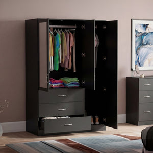 Riano 3 Door 3 Drawer Mirrored Wardrobe, Black
